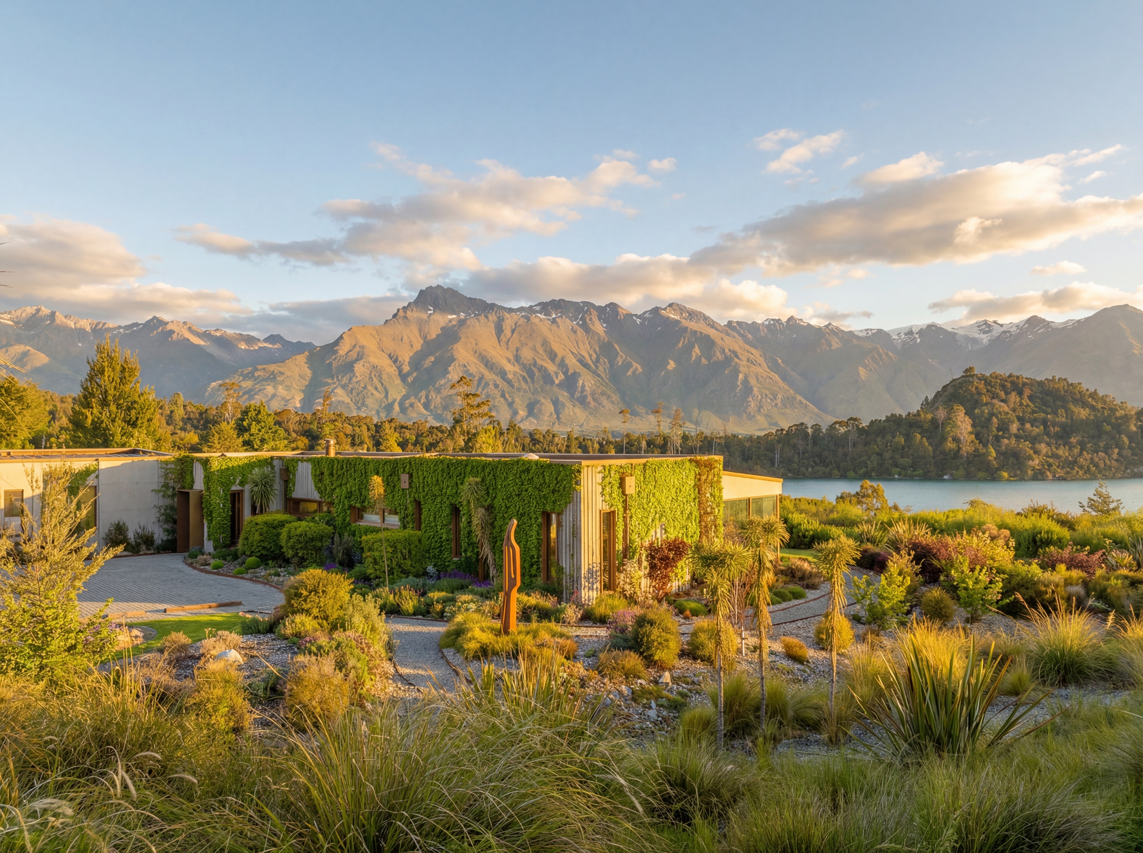 Exterior view of the vine-covered dwelling with mountains and lake beyond